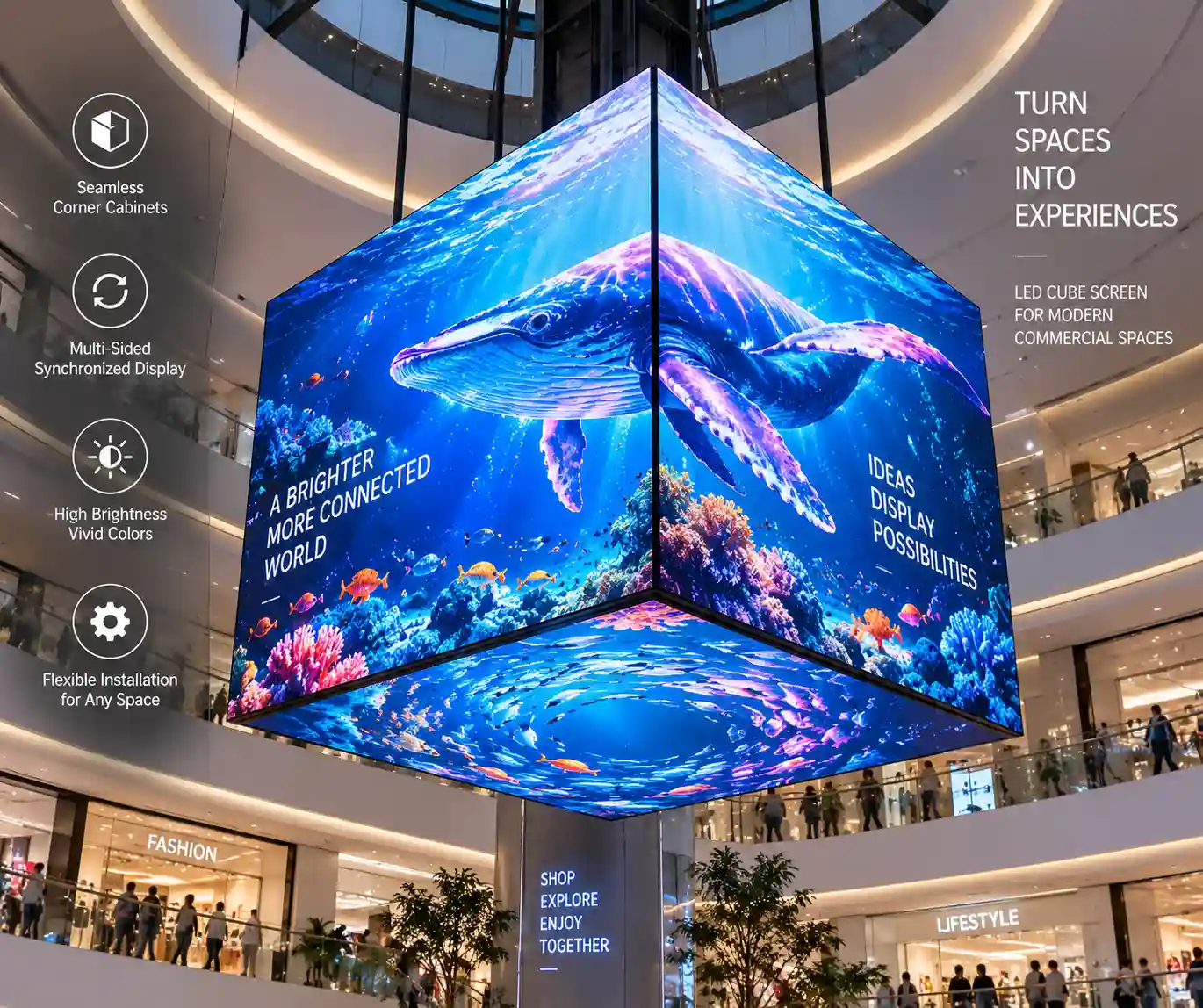 Suspended multi-sided LED cube screen display with seamless corner cabinets