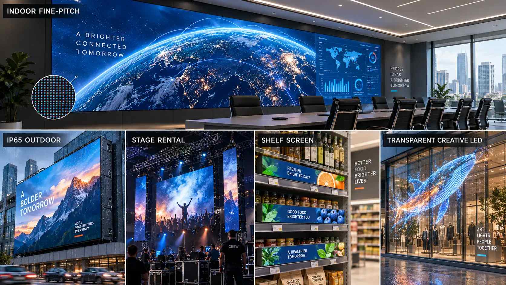 UHLED indoor small pitch, outdoor IP65, rental, and commercial shelf LED displays